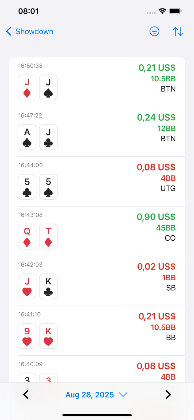 Hand history list view in Showdown app