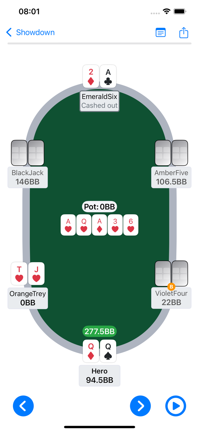 Hand replay feature showing poker hand step-by-step