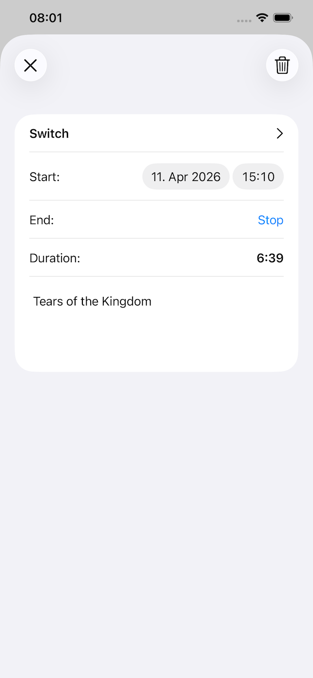 YATTA app edit time entry screen