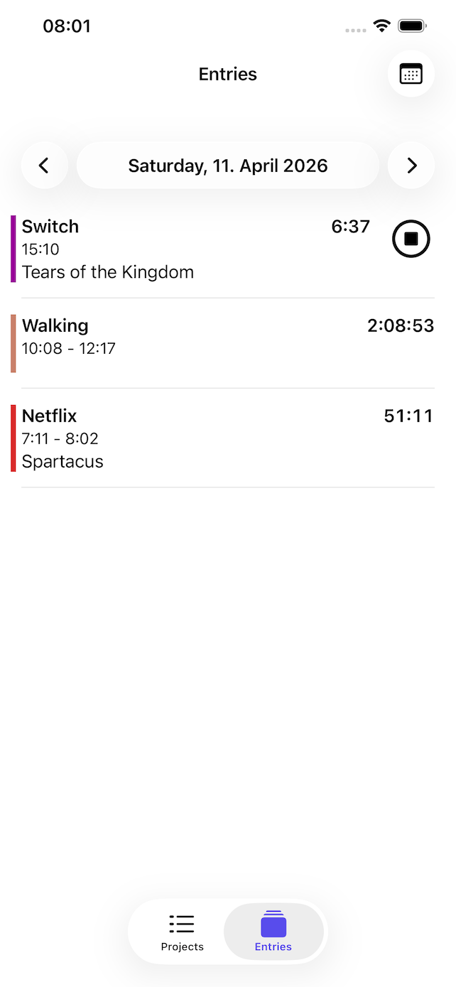 YATTA app time entries screen